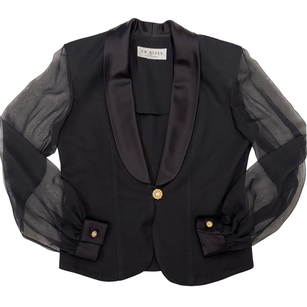 JR Nites by Caliendo Black Evening Jacket Sheer Mesh Sleeves Pearl Button Sz M